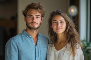 A young couple standing in front of a window photo