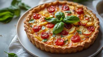 A quiche with tomatoes and basil on a plate photo