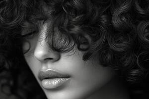 A black and white photo of a woman with curly hair