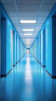 A long hallway with blue walls and blue floor photo