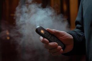 A person holding a remote control with smoke coming out of it photo
