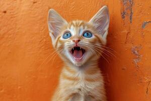 A small orange cat with blue eyes is looking up at the camera photo