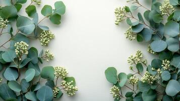 Eucalyptus leaves and flowers on white background photo
