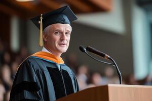 A man in a graduation gown giving a speech photo