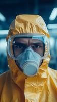 A man in a yellow protective suit and mask photo