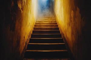 Stairs leading to a light at the end of a dark tunnel photo