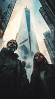 People standing in front of a tall building photo