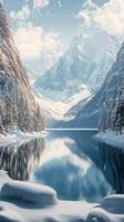 A beautiful lake surrounded by snow covered mountains photo