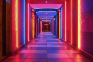 A long hallway with neon lights and colorful lights photo