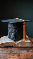 Graduation cap on open book on wooden table photo