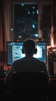 A person wearing headphones is sitting at a computer photo