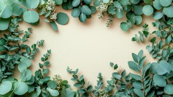 Green eucalyptus leaves frame on yellow background photo