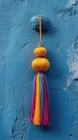 A colorful tassel hanging from a blue wall photo