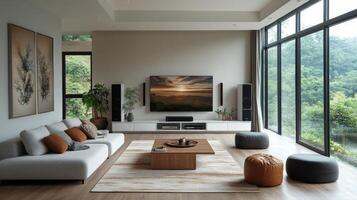 A modern living room with large windows and a large flat screen tv photo