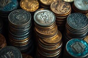 A close up of many coins stacked together photo