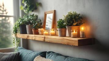 A shelf with candles and plants on it photo