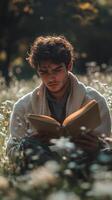 A man reading a book in a field of flowers photo