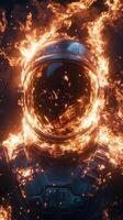 An astronaut in a space suit with fire coming out of his helmet photo