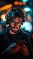 A man with glasses and a beard is looking at his phone photo