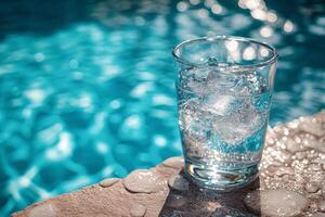 A glass of water sitting on a ledge near a pool photo