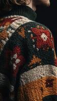 A man wearing a sweater with colorful flowers photo