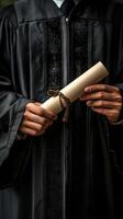 A person in a graduation gown holding a diploma photo