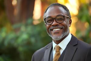 A smiling black man in a suit and tie photo