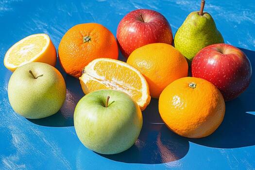 A group of fruit on a blue table photo