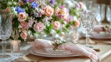 A table setting with pink and white flowers photo