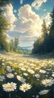 A field of white daisies is shown in the background photo