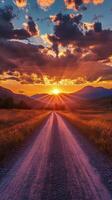 A dirt road in the middle of a field with the sun setting photo