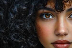 A close up of a woman with curly hair photo
