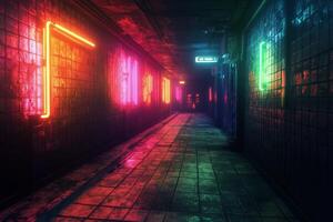 Neon lights in a dark alleyway photo