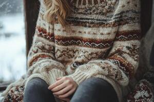 A woman in a sweater sitting on a window sill photo