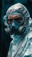 A man in a protective suit and gas mask photo