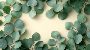 Eucalyptus leaves on yellow background photo