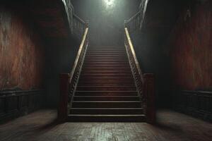 A dark stairway leads up to a light at the top photo