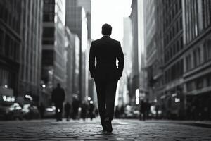 A man in a suit walking down a city street photo