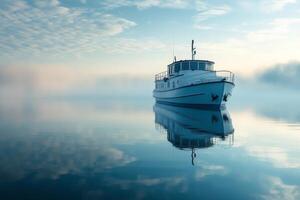 A boat is floating in the water on a foggy day photo