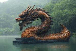 A statue of a dragon in the middle of a lake photo