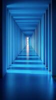 A long hallway with blue lights and a door photo