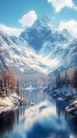 A snowy mountain range with a lake and trees photo