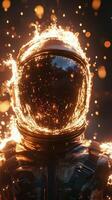 An astronaut in a suit with fire coming out of his helmet photo