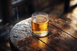 A glass of beer sitting on top of a wooden table photo