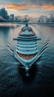 A cruise ship in the ocean at sunset photo