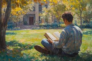 A painting of a man reading a book in the grass photo