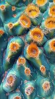 A close up of a cactus with many spines photo