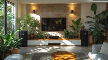 A living room with a tv and plants photo