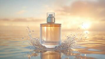 A perfume bottle floating in the ocean with water splashing photo