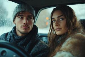 A man and woman in a car looking at the camera photo